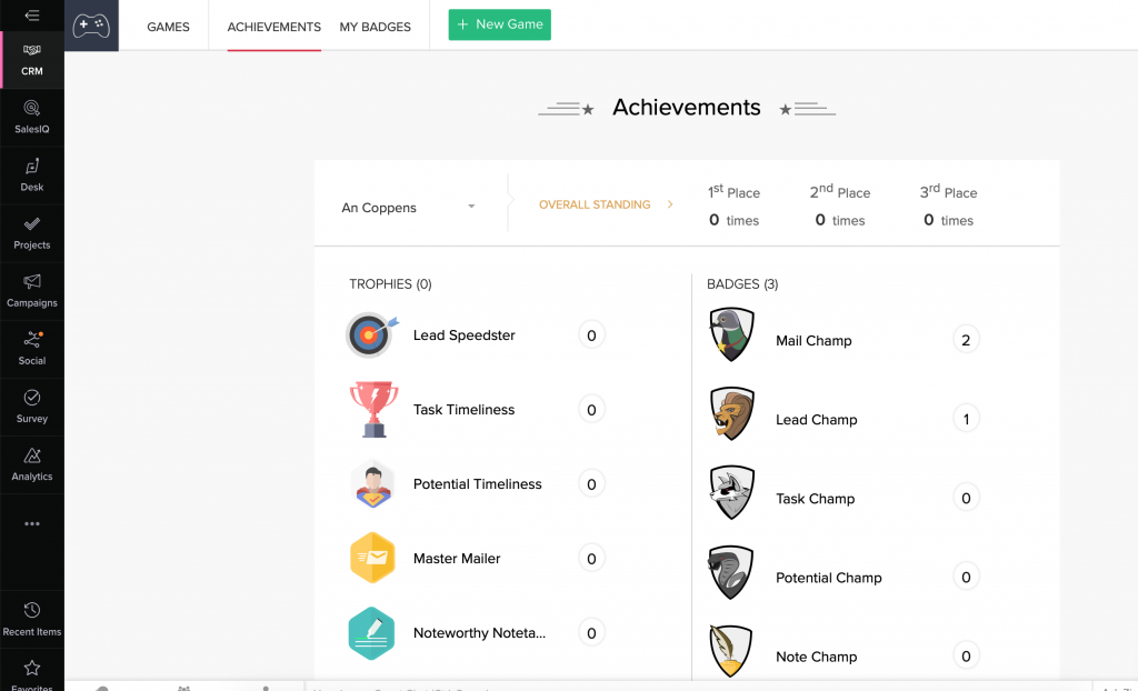 Zoho CRM achievements - what does gamification look like www.gamificationnation.com